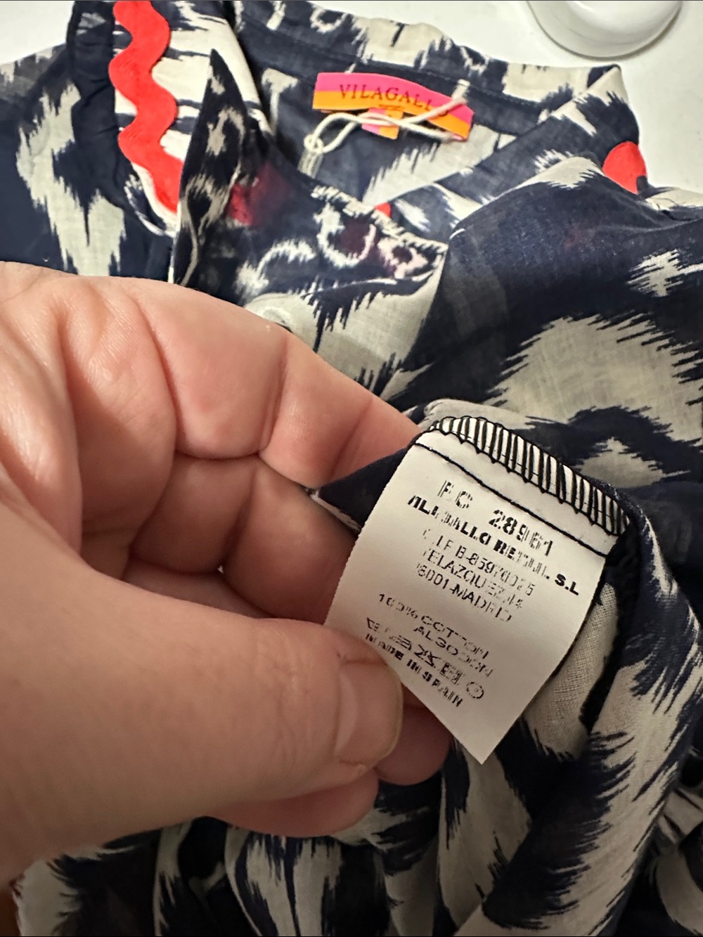 Vilagallo Navy and White Ikat Button-Down Shirt with Pink and Orange Trim - Picture 5 of 5